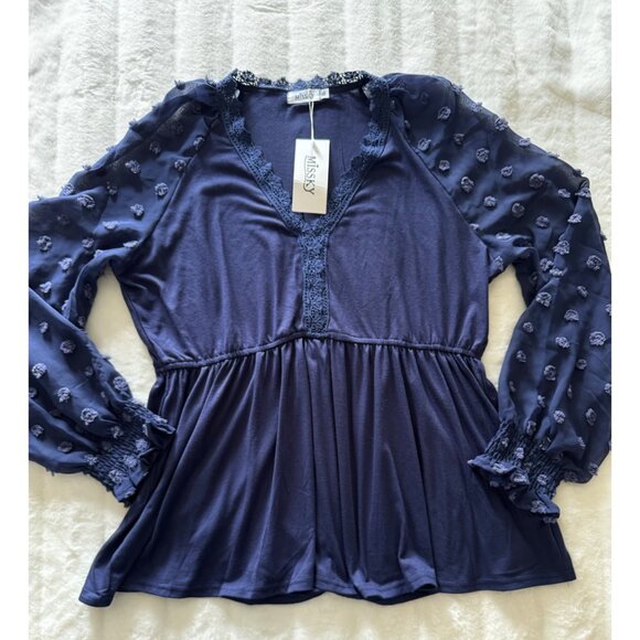 Missky Top Womens XL NWT NAVY V-Neck Long Sleeve Pullover Blouse Tunic - Picture 1 of 8